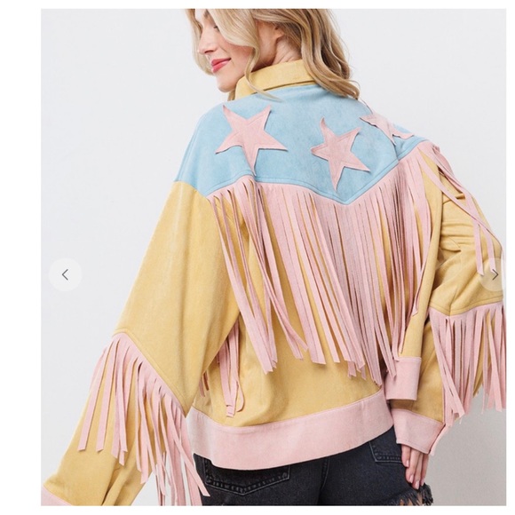 15 Fabulous Multi Fabric Basic Collared Fringe Jacket - Picture 2 of 6